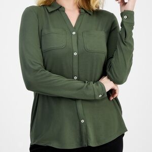 Style & Co Womens Large Button Front Knit Shirt Olive Green Rayon Long Sleeves